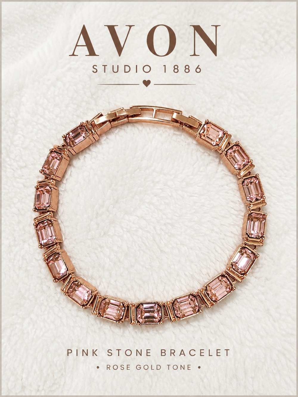 NIB Avon Studio 1886 Pink Crystal Tennis Bracelet Rose Gold Tone Extender